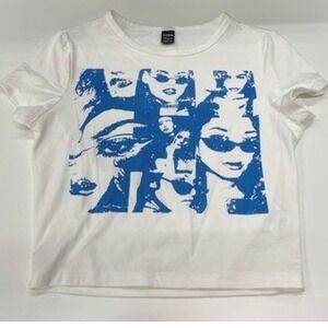 Shein White Blue Graphic Face Print Crop Top Tee Shirt Womens Small Streetwear‎